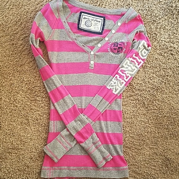 PINK Victoria's Secret Tops - Grey & Bright Pink Stripped Long Sleeved Shirt